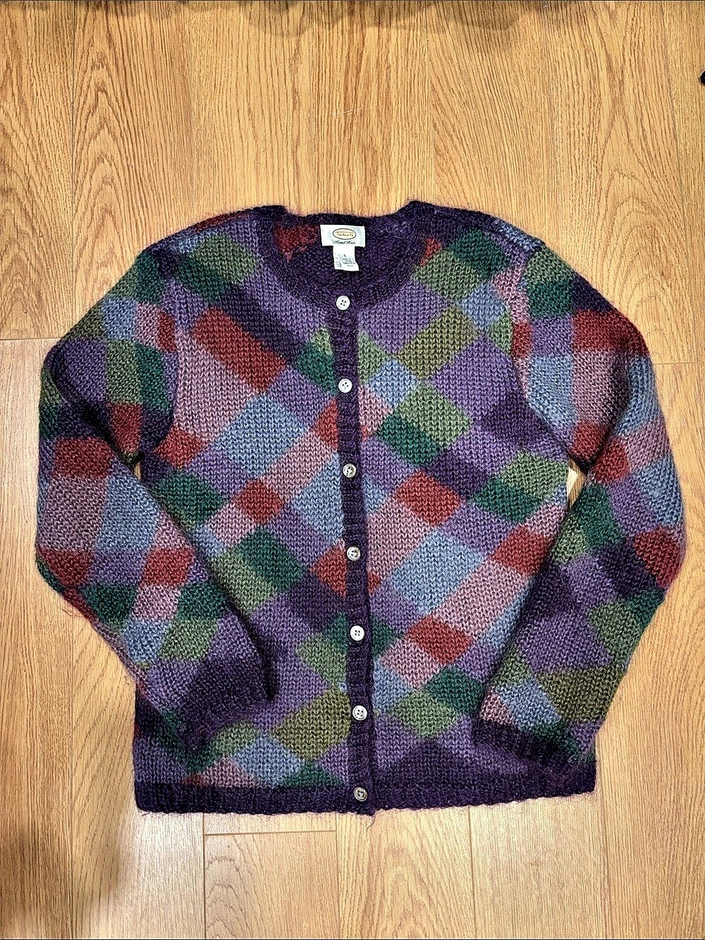 Vintage Talbots Hand Knit Mohair Argyle Cardigan Sweater Purple Multicolor Size